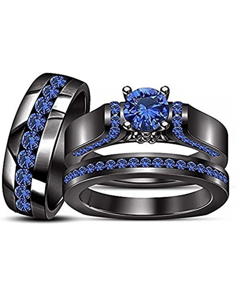 14K Black Gold Plated 925 Sterling Sliver 3 Piece Wedding His Engagement & Her Band Rings Sets Round Cut Blue Sapphire for Co...