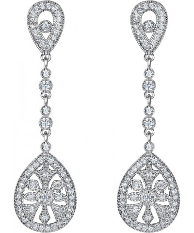 Bridal Art Deco Classical Gatsby Inspired 1920s Pave Cubic Zirconia Chandelier Dangle Earrings for Women Clip-on_Clear Silver...