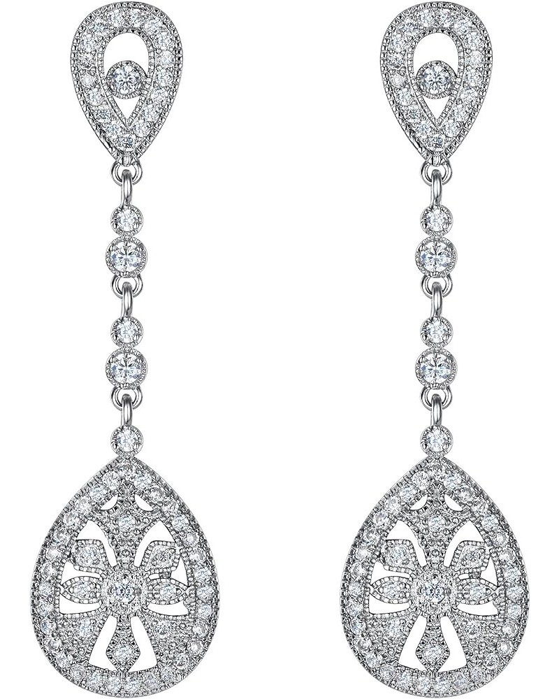 Bridal Art Deco Classical Gatsby Inspired 1920s Pave Cubic Zirconia Chandelier Dangle Earrings for Women Clip-on_Clear Silver...