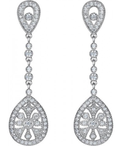 Bridal Art Deco Classical Gatsby Inspired 1920s Pave Cubic Zirconia Chandelier Dangle Earrings for Women Clip-on_Clear Silver...