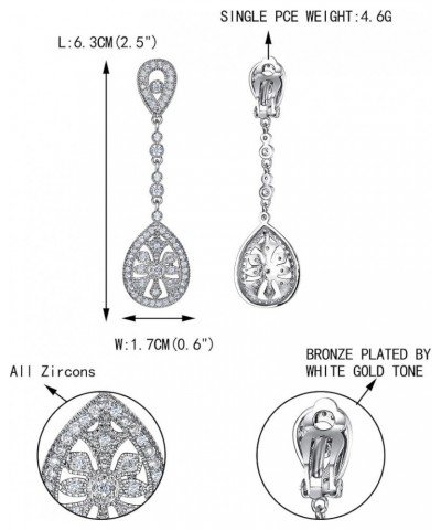 Bridal Art Deco Classical Gatsby Inspired 1920s Pave Cubic Zirconia Chandelier Dangle Earrings for Women Clip-on_Clear Silver...