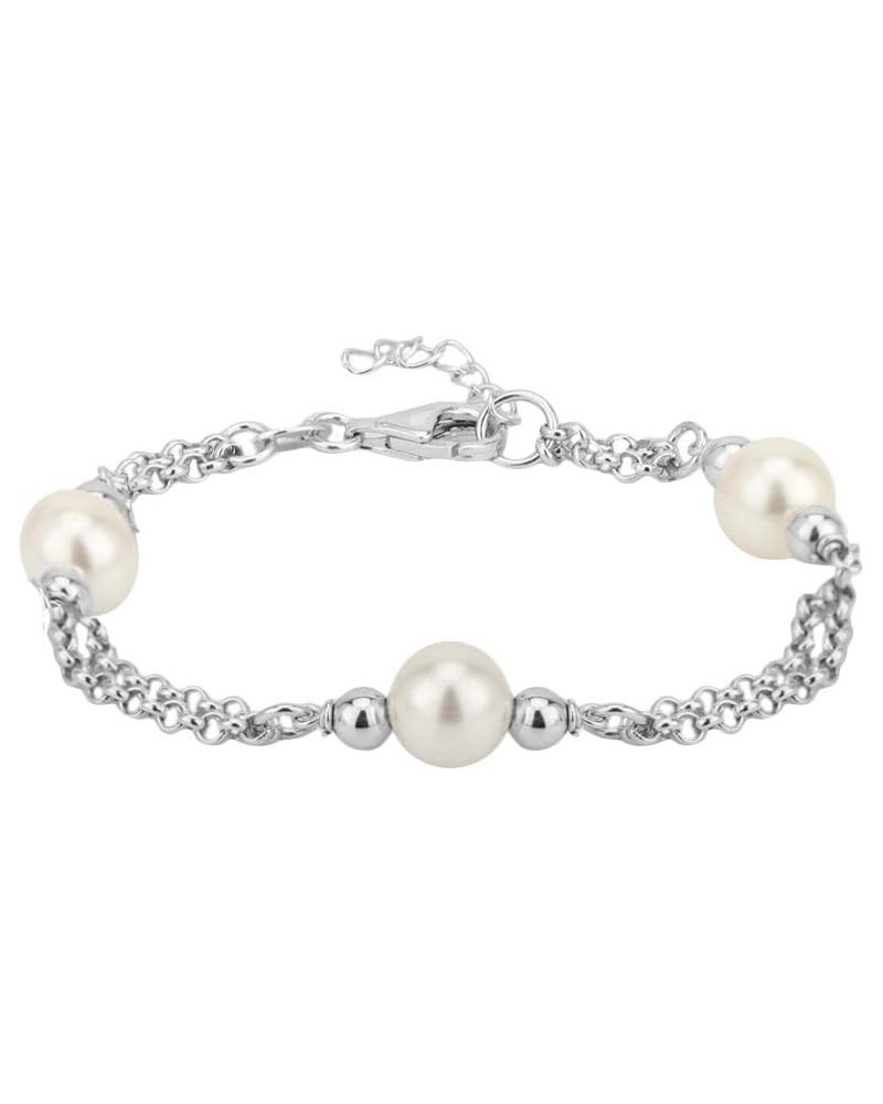 Sterling Silver Jewelry - Rhodium Plated with 925 Stamp - Double Layered chain with Synthectic Pearl Bracelet - Elegant handc...