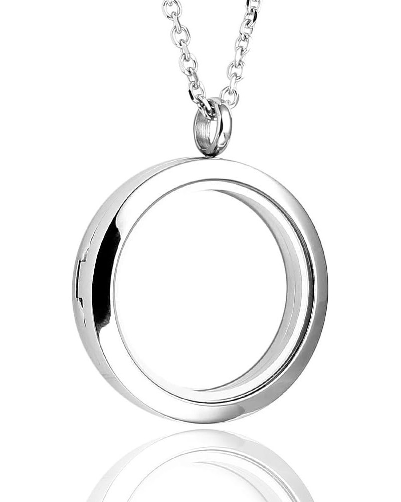 Silver Round Locket Pendant Necklace 30mm Glossy Stainless Steel Clear Glass Living Memory Floating Charms Stone Storage Silv...