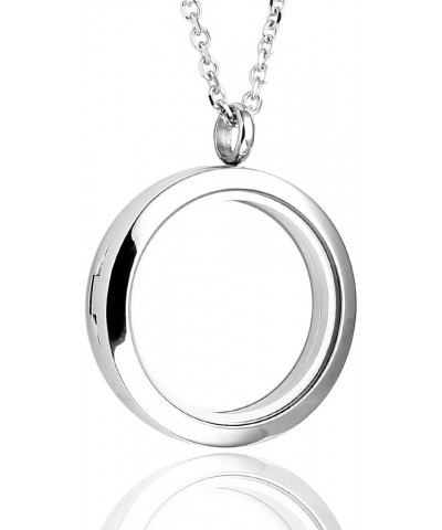 Silver Round Locket Pendant Necklace 30mm Glossy Stainless Steel Clear Glass Living Memory Floating Charms Stone Storage Silv...