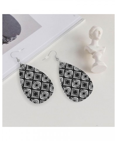 Cross Pattern Faux Leather Lightweight Teardrop Dangle Earrings Women Girls Fashion Jewelry Black White Square $6.35 Earrings