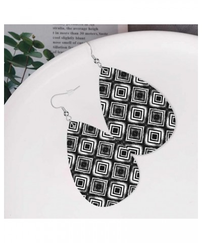 Cross Pattern Faux Leather Lightweight Teardrop Dangle Earrings Women Girls Fashion Jewelry Black White Square $6.35 Earrings