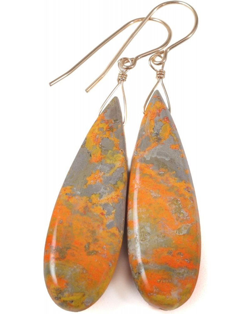 14K Yellow Gold Filled Bumble Bee Jasper 1-7/8" Earrings Yellow Orange Smooth Long Teardrop Dangle Shape Drops $49.00 Earrings