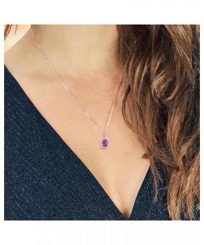 925 Sterling Silver Gemstone Birthstone Pendant Necklace For Women | Oval 12X10MM | with 18 Inch Silver Chain Pink Created Sa...