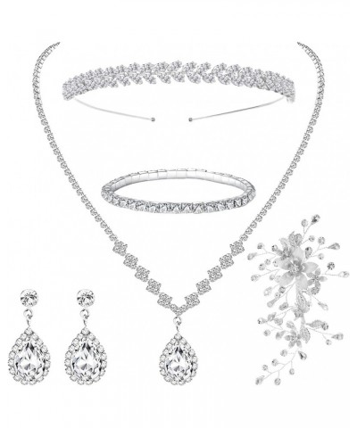 6 Pieces Bridal Jewelry Set for Women Cubic Zirconia Teardrop Necklace Bracelet Dangle Earrings Hairpin Headband for Bridal B...