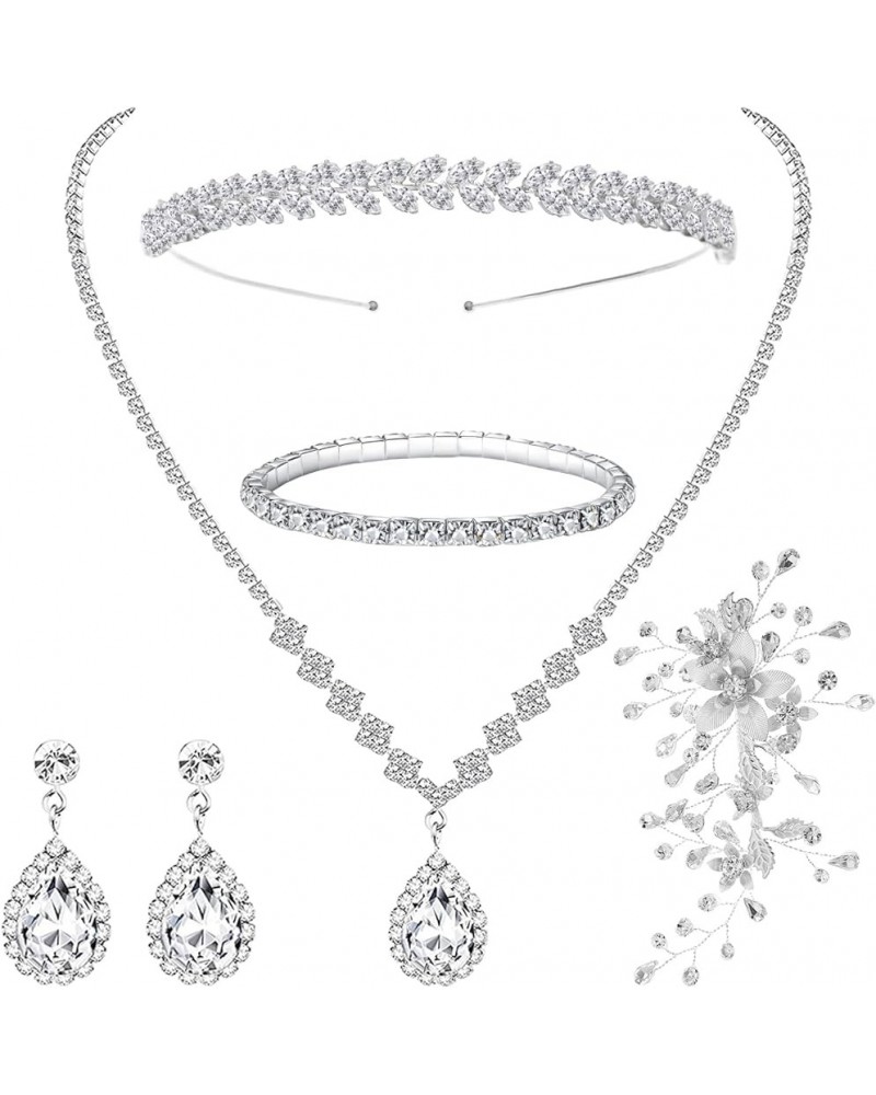 6 Pieces Bridal Jewelry Set for Women Cubic Zirconia Teardrop Necklace Bracelet Dangle Earrings Hairpin Headband for Bridal B...