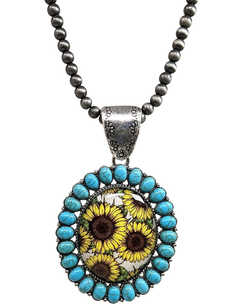 Turquoise Stone Framed Sunflowers Glass Bubble Pendant Native Pearl 24 Inch Long Necklace Turquoise $9.35 Necklaces