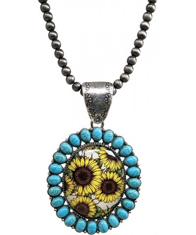 Turquoise Stone Framed Sunflowers Glass Bubble Pendant Native Pearl 24 Inch Long Necklace Turquoise $9.35 Necklaces