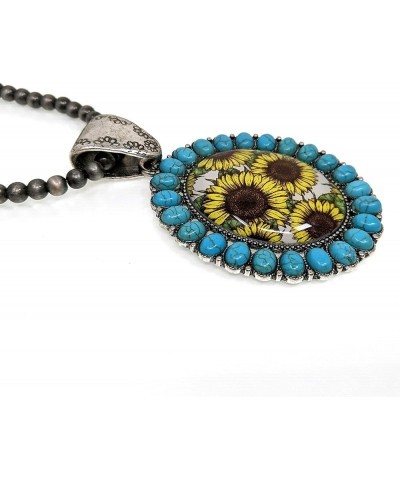 Turquoise Stone Framed Sunflowers Glass Bubble Pendant Native Pearl 24 Inch Long Necklace Turquoise $9.35 Necklaces