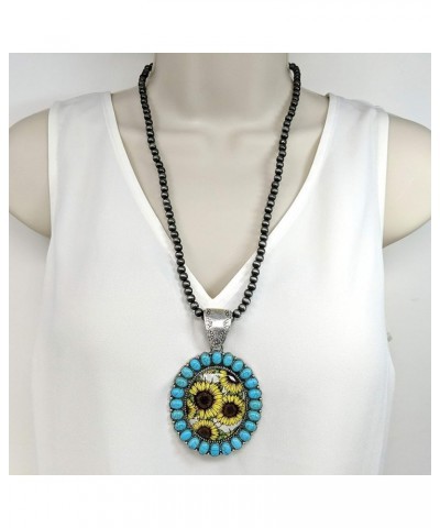 Turquoise Stone Framed Sunflowers Glass Bubble Pendant Native Pearl 24 Inch Long Necklace Turquoise $9.35 Necklaces