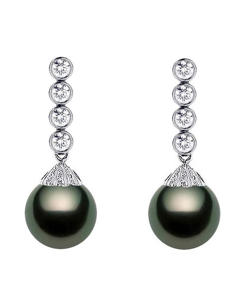 18k White Gold AAAA Quality Black Tahitian Cultured Pearl Dangle Earrings with Diamonds for Women - 11-12mm $382.50 Earrings