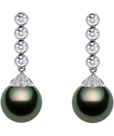 18k White Gold AAAA Quality Black Tahitian Cultured Pearl Dangle Earrings with Diamonds for Women - 11-12mm $382.50 Earrings