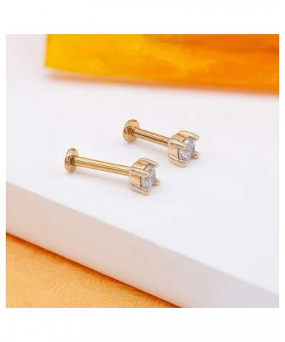 Threadless Stud Earrings, 14K Yellow/White Gold Flat Back Stud Cartilage Earrings, 16G 2mm/3mm Round CZ Helix Labret Lip Monr...