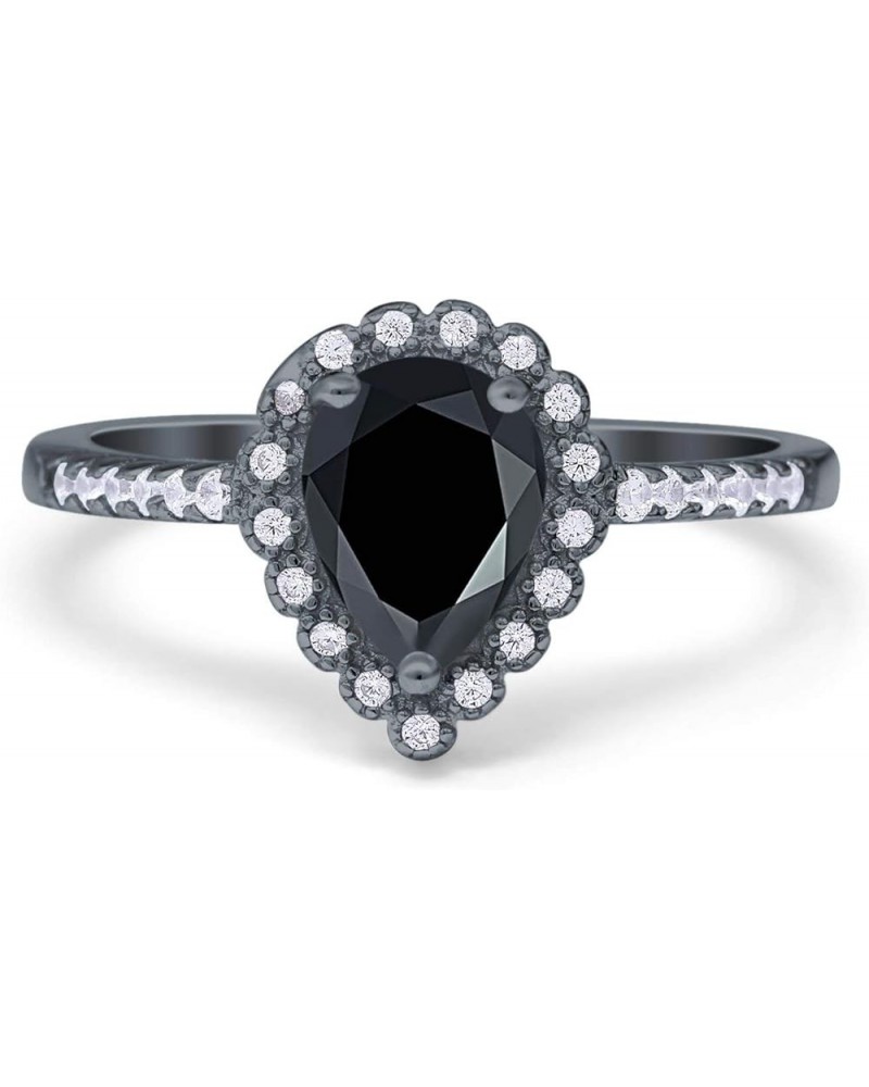 Teardrop Pear Art Deco Halo Engagement Ring Round Simulated Cubic Zirconia 925 Sterling Silver Black Tone, Simulated Black CZ...