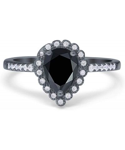 Teardrop Pear Art Deco Halo Engagement Ring Round Simulated Cubic Zirconia 925 Sterling Silver Black Tone, Simulated Black CZ...