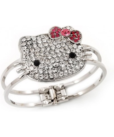 Diamante 'Kitten' With Pink Bow Hinged Bangle Bracelet In Rhodium Plated Metal $15.82 Bracelets