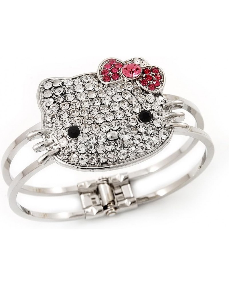 Diamante 'Kitten' With Pink Bow Hinged Bangle Bracelet In Rhodium Plated Metal $15.82 Bracelets