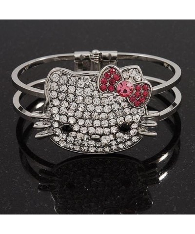 Diamante 'Kitten' With Pink Bow Hinged Bangle Bracelet In Rhodium Plated Metal $15.82 Bracelets