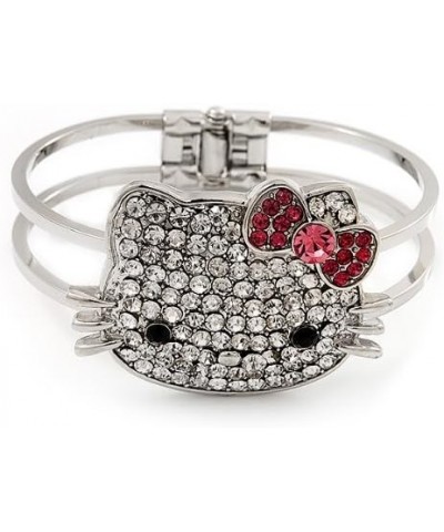 Diamante 'Kitten' With Pink Bow Hinged Bangle Bracelet In Rhodium Plated Metal $15.82 Bracelets