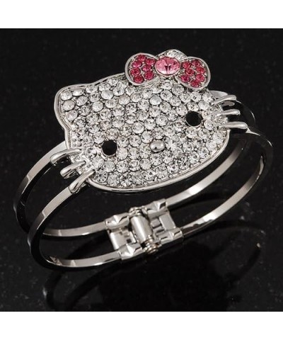 Diamante 'Kitten' With Pink Bow Hinged Bangle Bracelet In Rhodium Plated Metal $15.82 Bracelets