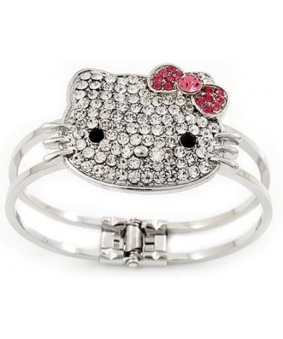 Diamante 'Kitten' With Pink Bow Hinged Bangle Bracelet In Rhodium Plated Metal $15.82 Bracelets