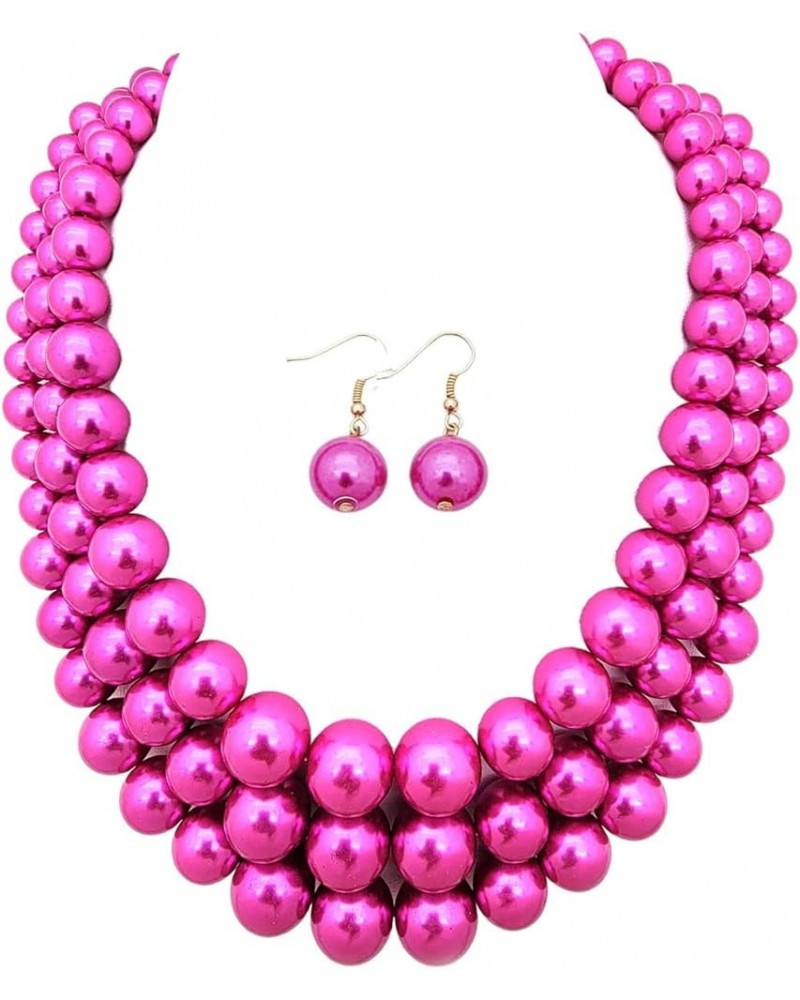 Women's Simulated Faux Three Multi-Strand Pearl Statement Necklace and Earrings Set Hot Pink $10.06 Jewelry Sets