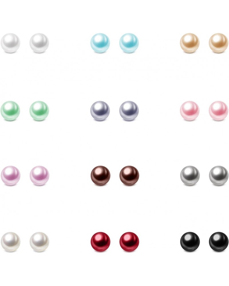 4mm Composite Pearl Earrings Round Ball Pearls Stud Earrings Hypoallergenic 12 Pairs Mixed Color Imitation Pearl Earrings Set...