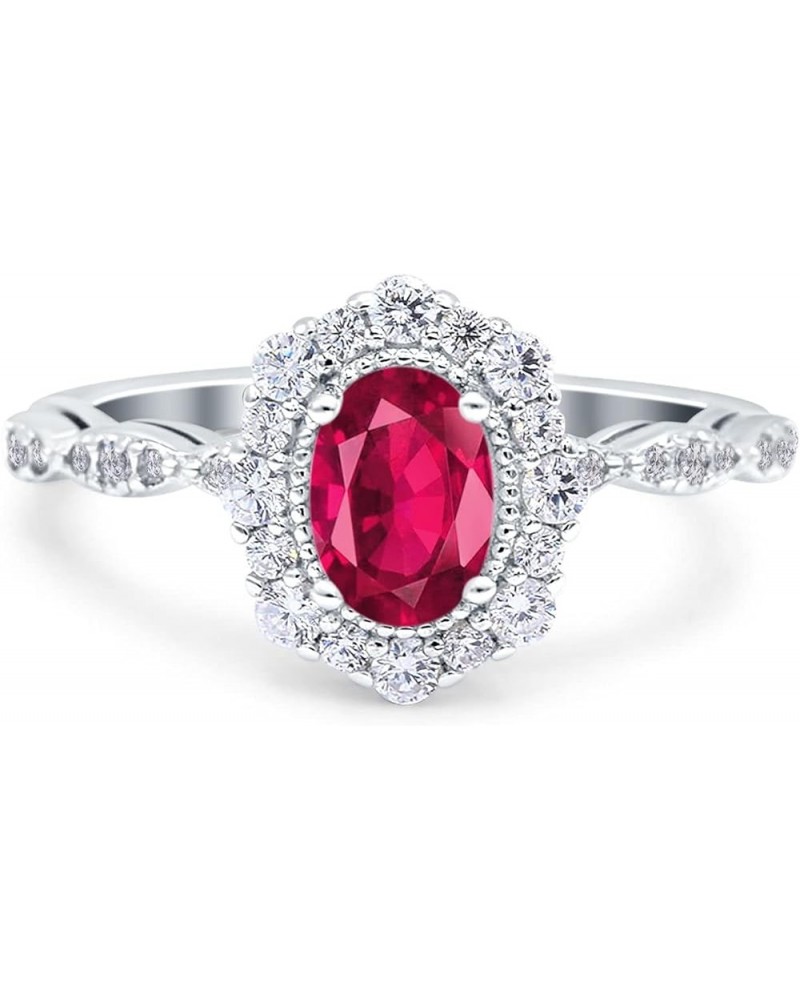 Vintage Art Deco Halo Oval Wedding Engagement Bridal Ring Round Simulated Cubic Zirconia 925 Sterling Silver Simulated Ruby C...