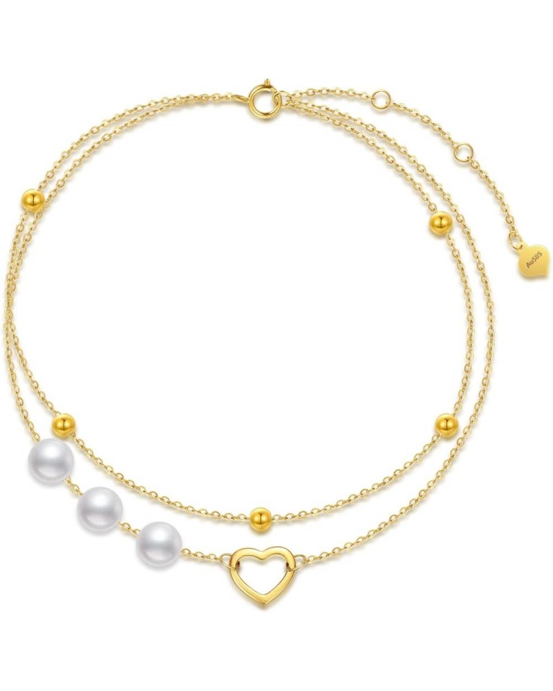 Solid 14kt Gold Heart Anklets for Women, Simple Gold Handpicked Culturead Pearl Heart Ankle Bracelet Jewelry for Her, Mom Wif...