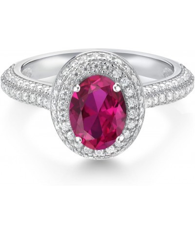 925 Sterling Silver Oval Red Created Ruby and White Moissanite Women Engagement Ring (1.99 Cttw, Available In Size 5, 6, 7, 8...