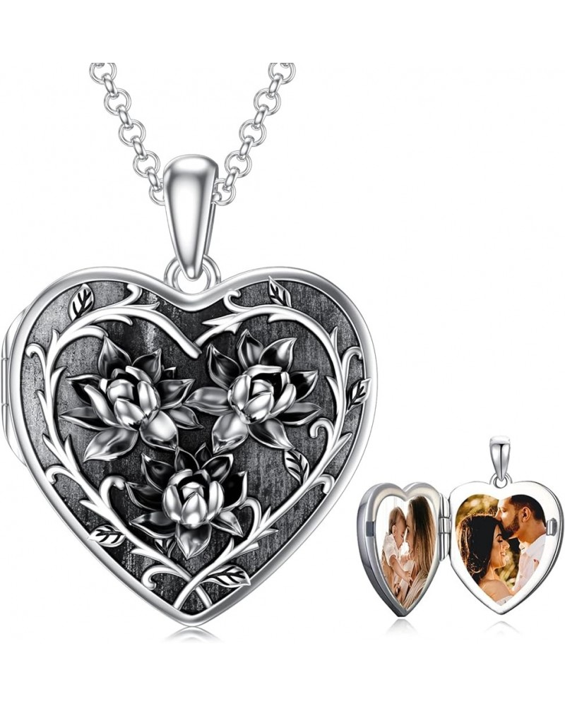 925 Sterling Silver Sunflower/Lotus/Rose/Heart Locket Necklace that Hold 2 Photos Personalized Customized Picture Locket Pend...