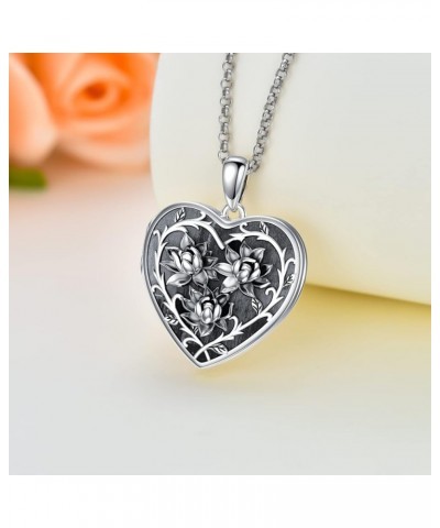 925 Sterling Silver Sunflower/Lotus/Rose/Heart Locket Necklace that Hold 2 Photos Personalized Customized Picture Locket Pend...