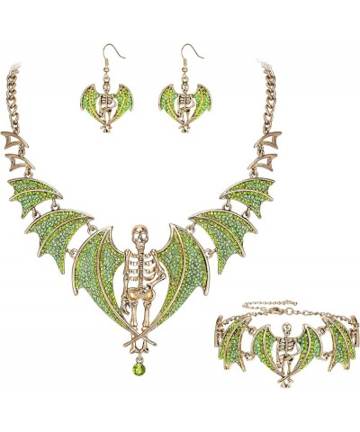 Austrian Crystal Gothic Style Halloween Skull Bat Necklace Earrings Set Necklace+Earrings+Bracelet_Green Antique Gold-Tone $9...