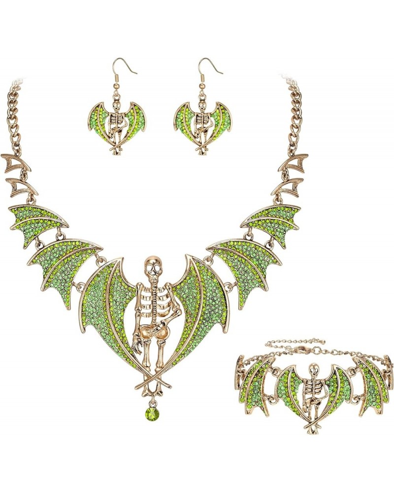 Austrian Crystal Gothic Style Halloween Skull Bat Necklace Earrings Set Necklace+Earrings+Bracelet_Green Antique Gold-Tone $9...