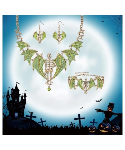 Austrian Crystal Gothic Style Halloween Skull Bat Necklace Earrings Set Necklace+Earrings+Bracelet_Green Antique Gold-Tone $9...