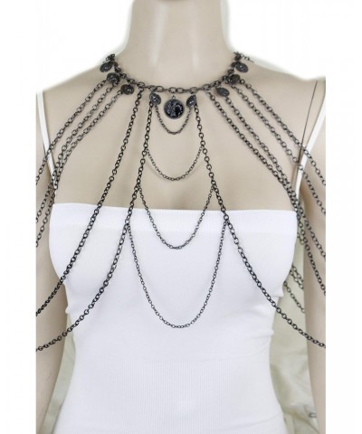 TFJ Women Black Metal Body Chain Harness Neck Bohemian Fashion Jewelry Set Long Necklace Coins $9.24 Body Jewelry