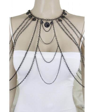 TFJ Women Black Metal Body Chain Harness Neck Bohemian Fashion Jewelry Set Long Necklace Coins $9.24 Body Jewelry