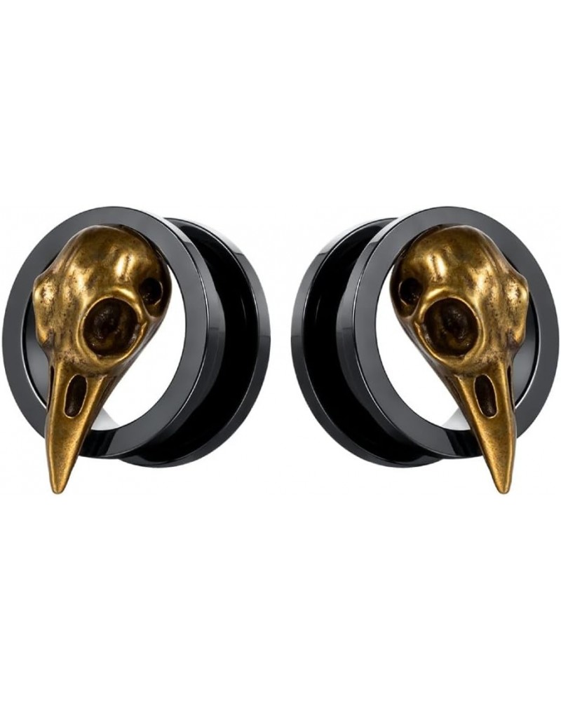 SoScene raven skull screw back plugs ear gauges stainless steel black and gold 19mm-3/4 inch $9.85 Body Jewelry