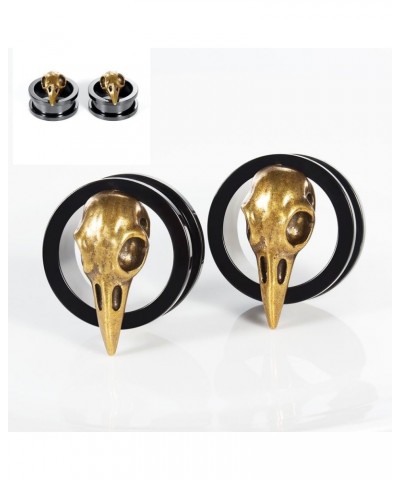 SoScene raven skull screw back plugs ear gauges stainless steel black and gold 19mm-3/4 inch $9.85 Body Jewelry