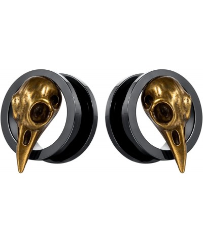 SoScene raven skull screw back plugs ear gauges stainless steel black and gold 19mm-3/4 inch $9.85 Body Jewelry