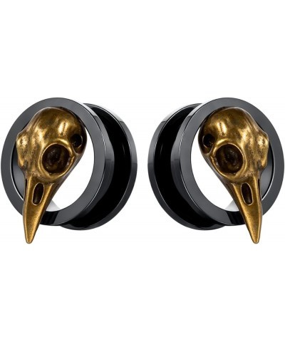 SoScene raven skull screw back plugs ear gauges stainless steel black and gold 19mm-3/4 inch $9.85 Body Jewelry