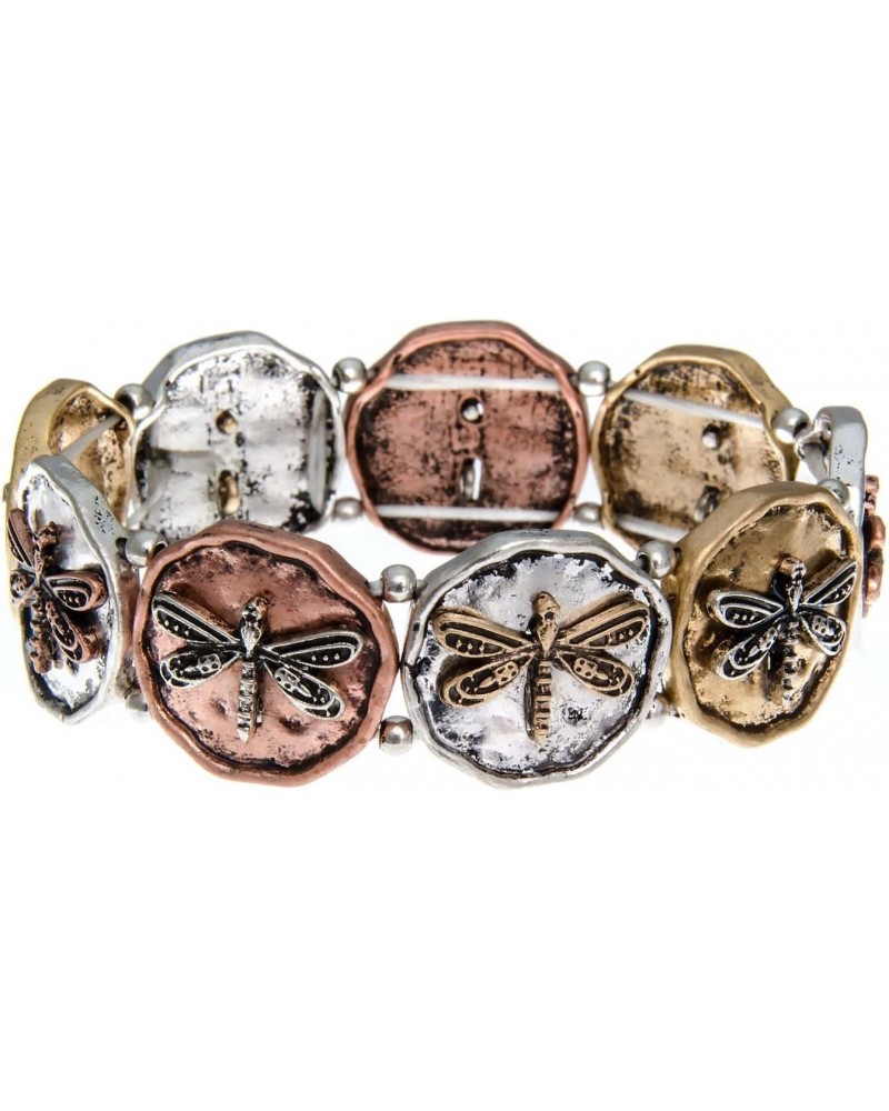 Dragonfly on Tri Tone Round Disc Stretch Bracelet $13.99 Bracelets