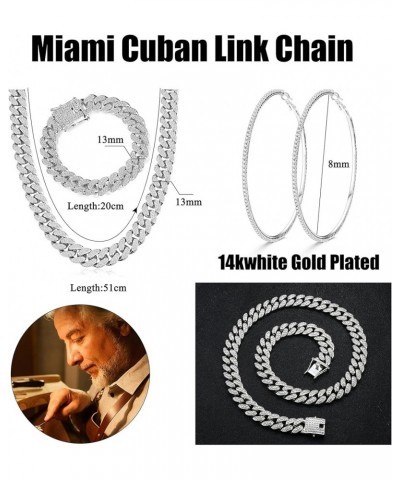 Cuban Link Chain For Women Men Thick Diamond Iced Out Miami Cuban Link Chain Necklace Bracelet Rhinestone Big Hoop Earrings B...