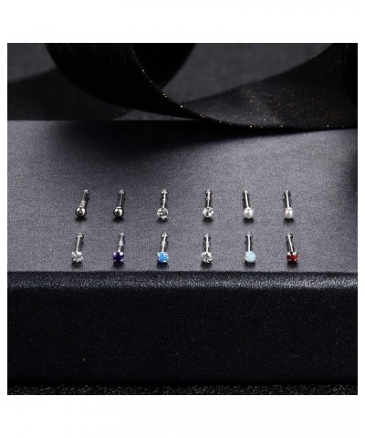 20G Sterling Silver Nose Studs Tiny Pearl Ball Opal Multi Color CZ Nose Rings For Women Men 1.5mm Nose Rings Studs Set Nose P...