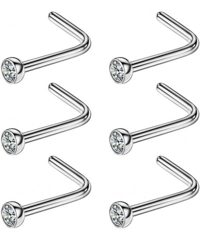 6PCS Surgical Steel/Titanium Nose Studs for Women Nostril Piercing Jewelry 22g / 20g / 18g 2mm crystal/L-shape/20g/Silver Sur...