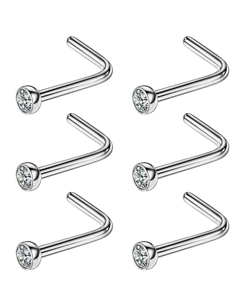 6PCS Surgical Steel/Titanium Nose Studs for Women Nostril Piercing Jewelry 22g / 20g / 18g 2mm crystal/L-shape/20g/Silver Sur...